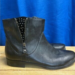 Earthies Black Leather Ankle Booties with Studded Zip Detail